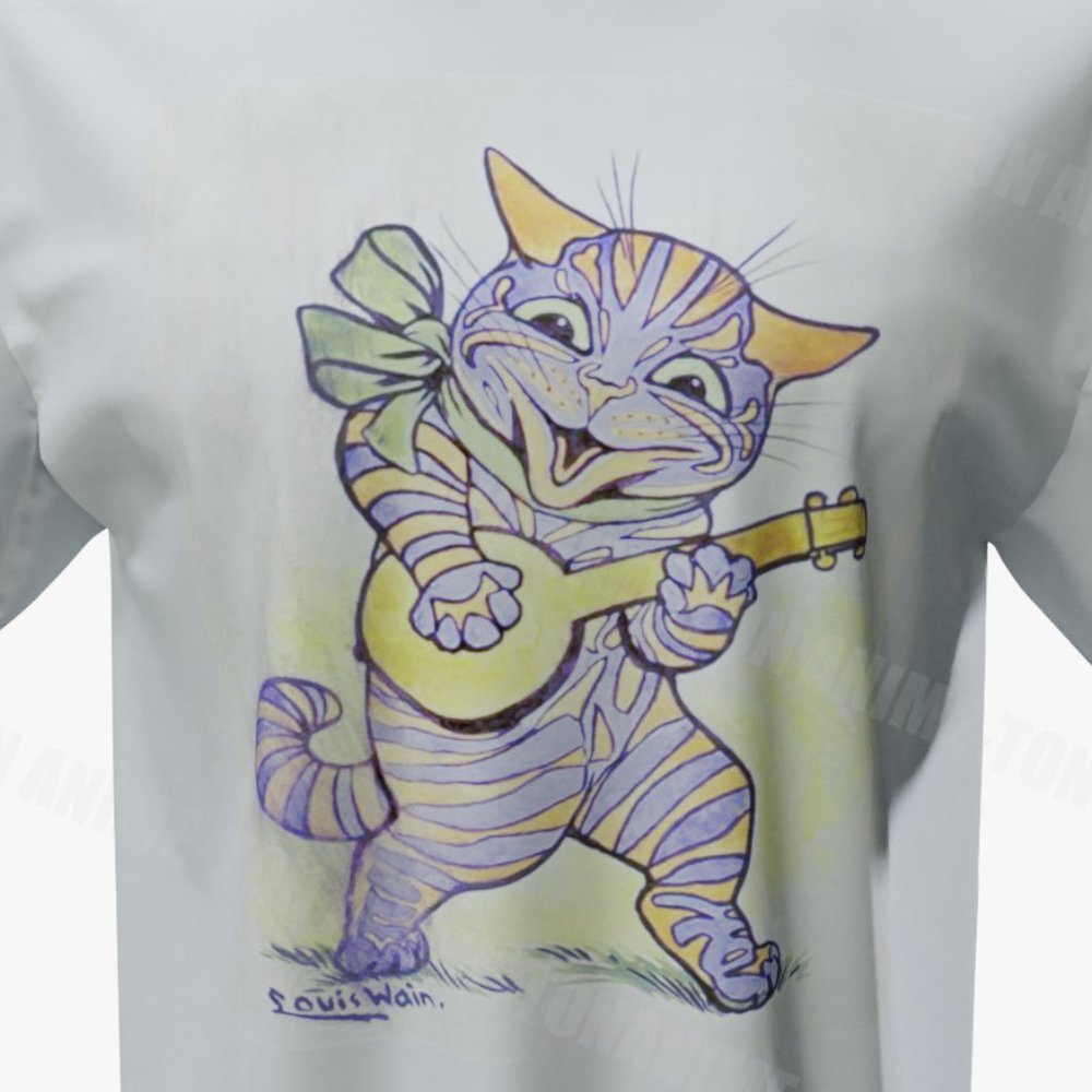 Louis Wain - Cat Art - Banjo Cat - Tshirt - Cotton